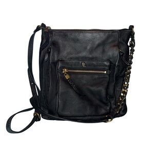 ELLIOTT LUCCA Gwen Black Pebbled Leather Crossbody Bag Gold Chain Strap Bag